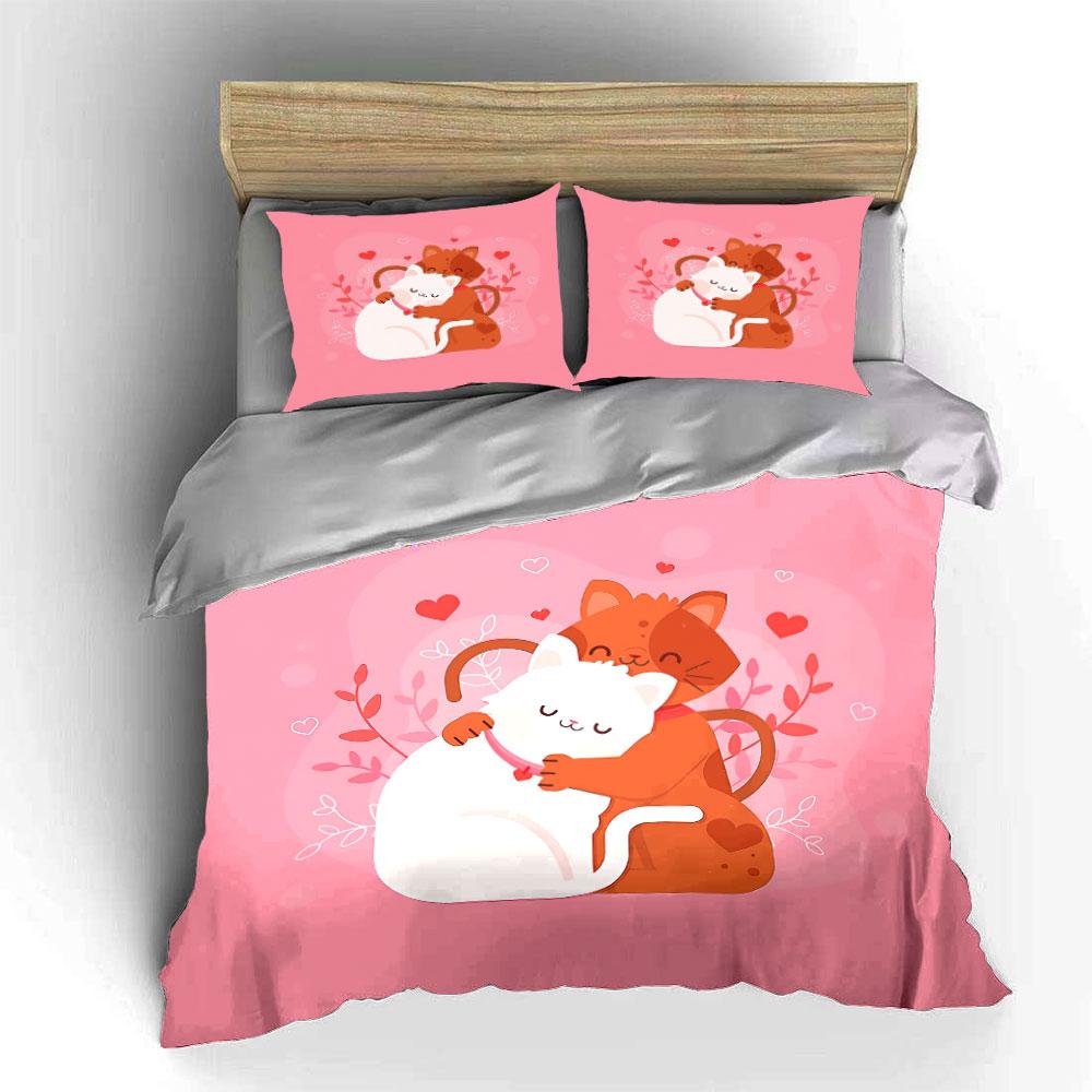 Cute Cats Hug with Hearts Bedding Duvet Cover Set Duvet Cover Pillowcases (1*Duvet Cover 2*Pillowcases, without duvet insert)