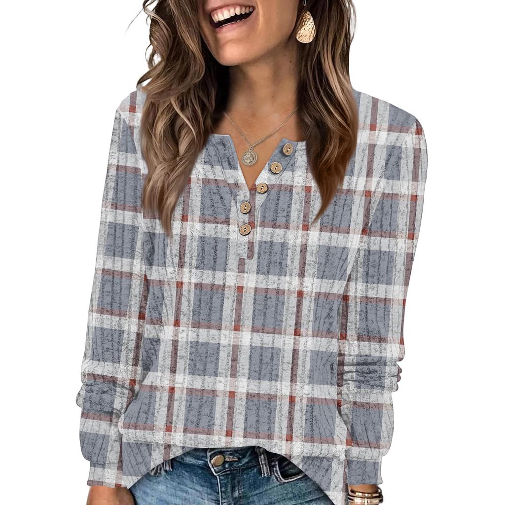 Women's Fashion V-Neck Button-Up T-Shirt With Check Print Long Sleeves