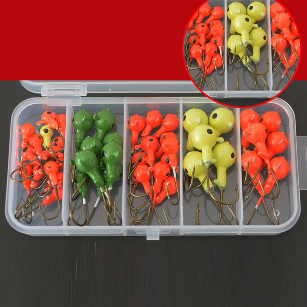 45PCS Painted Fishing Jig Hooks Glow Jig Head Hooks With Tackle Box For Outdoor Freshwater Saltwater Trout Bass Walleye Fishing