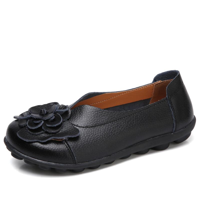 Spring Summer Cowhide Flower Mother Shoes Comfortable Bean Women's Shoes Flat Shoe Women's Singles Shoes