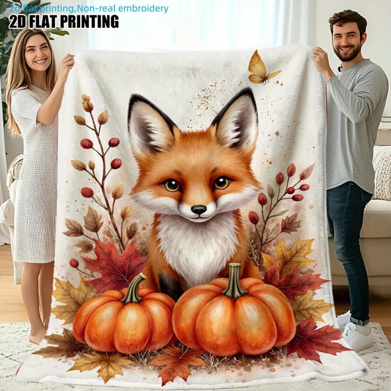 1pc Autumn Maple Leaf Fox Print Blanket, Pumpkin and Butterfly Theme, Multiple Sizes Available, Fall Thanksgiving Christmas Nap Blanket, Suitable for