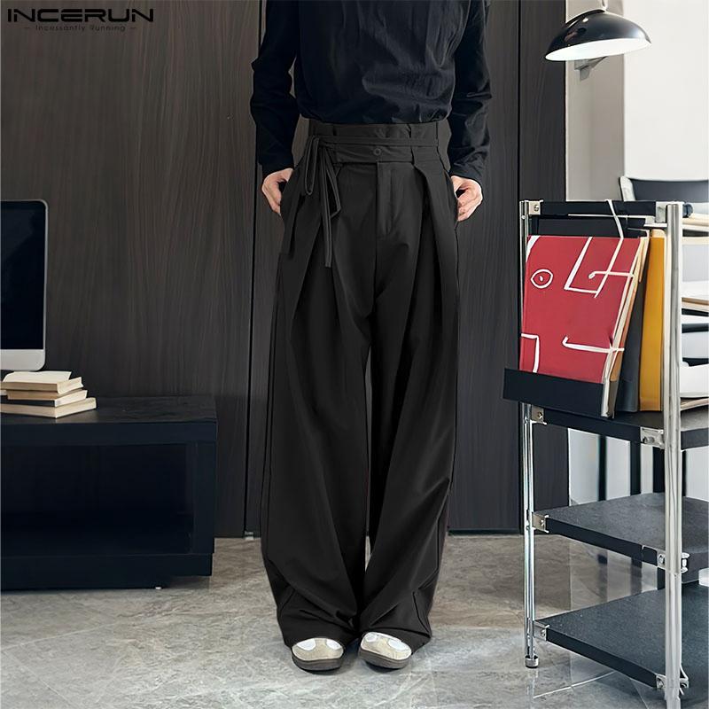 INCERUN Men Bandage Zip-up Waist Long Wide Leg Pants Casual Pockets Trousers
