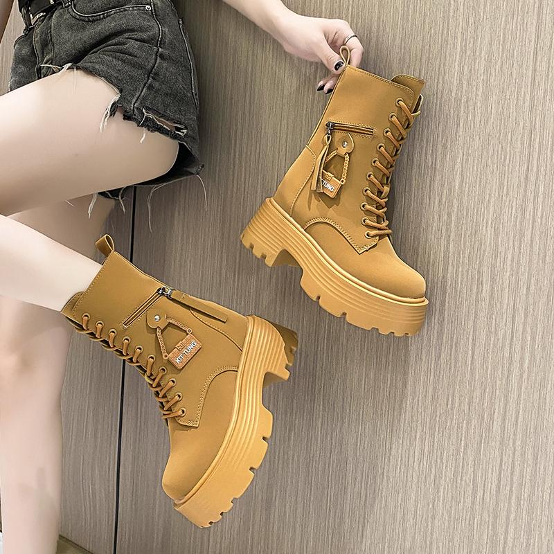 Women's Shoes  High Quality Lace Up Women's Boots Winter British Style Round Toe Solid Middle Tube Platform Fashion Boots