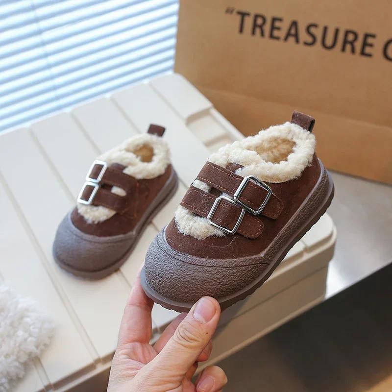 Kids Winter Shoes Plush Thicken Warm Girls Boots Retro Suede Low Top Cotton Shoes Soft Anti Slip Snow Boots Flat Casual Shoe