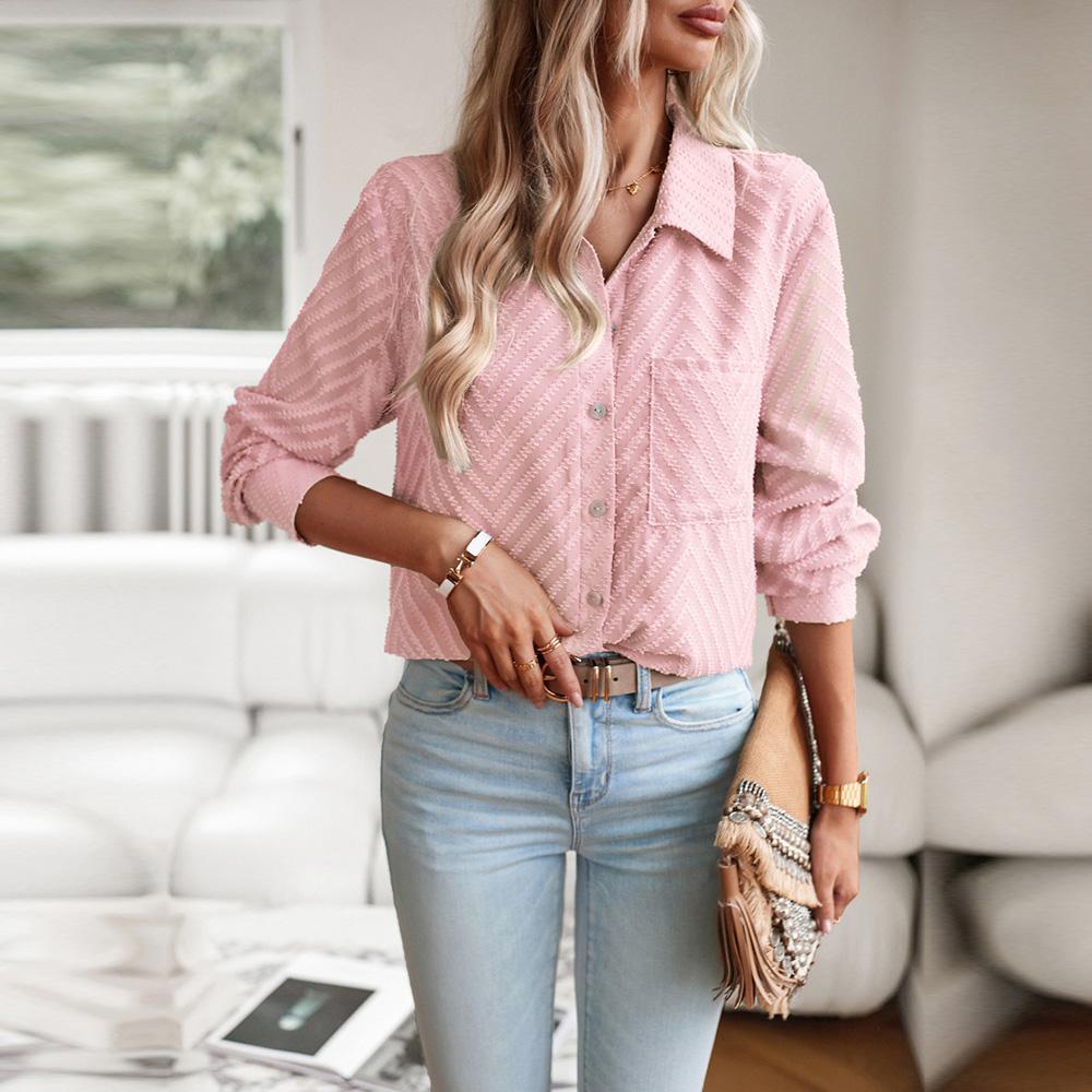 Женские осенние однобортные жаккардовые рубашки с длинными рукавами и воротником — фото 11