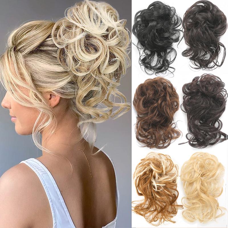 Unordentlicher Dutt Haarteil Wellig Lockig Synthetisch Hochsteckfrisur Chignon Fake Scrunchies Pferdeschwanzverlängerung für Damen Dunkelbraun