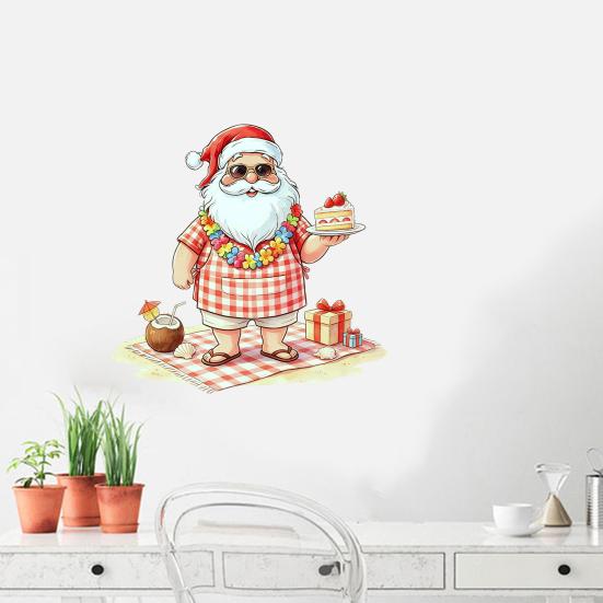 Summer Christmas Stickers Picnic Santa Claus Wall Sticker, Waterproof PVC Plaid Decal Mural Decals with Cake Design, Removable Art Decor for