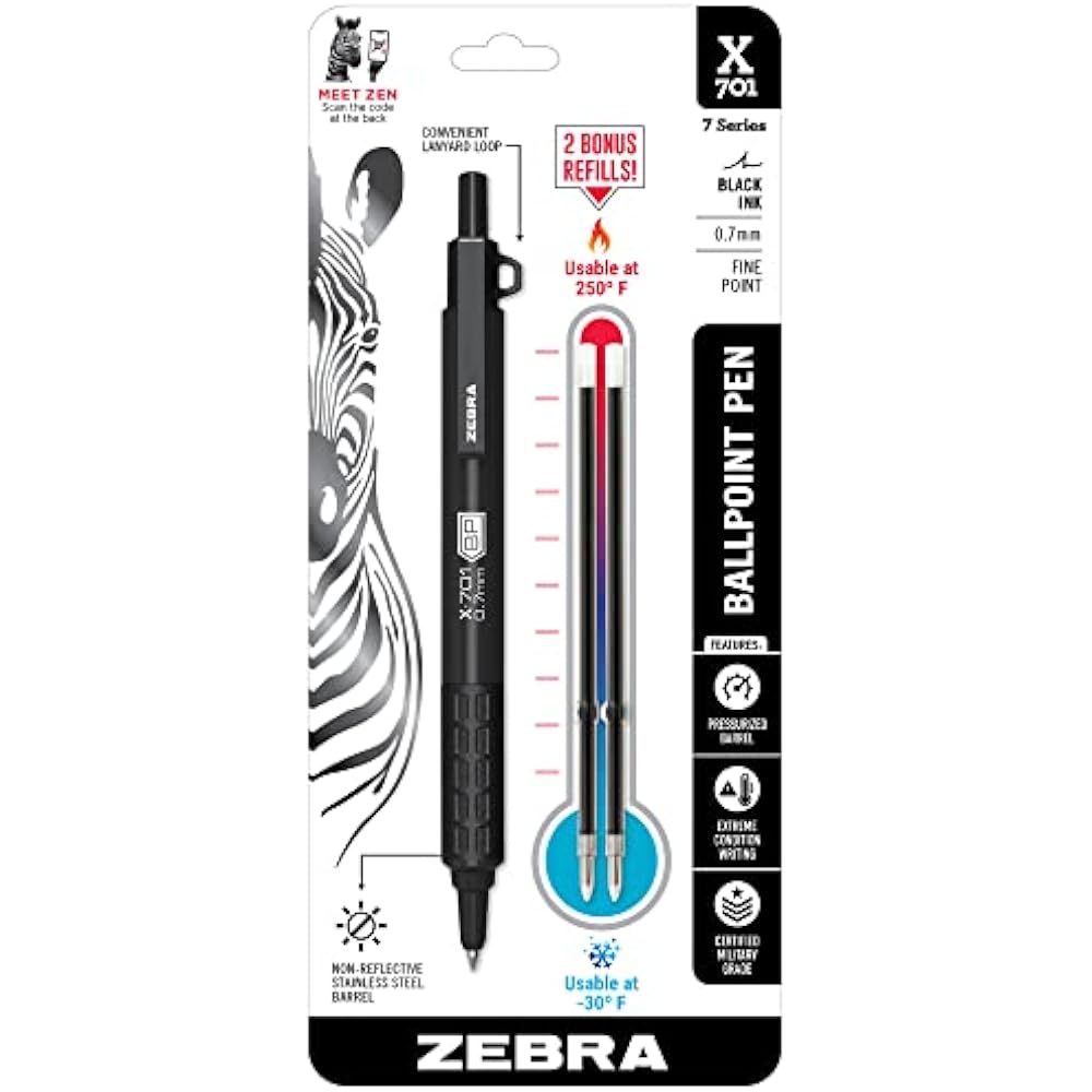 Zebra Pen (Zebra Pen) Тактическая шариковая ручка X-701 с запасным стержнем в комплекте, тонкая, 0,7 мм, черные чернила, 1 ...