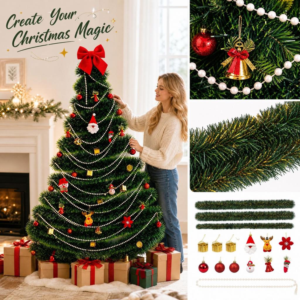 Christmas Tree Decoration Set with Dark Green Strips, Colorful Garlands and Ribbons for Holiday Display
