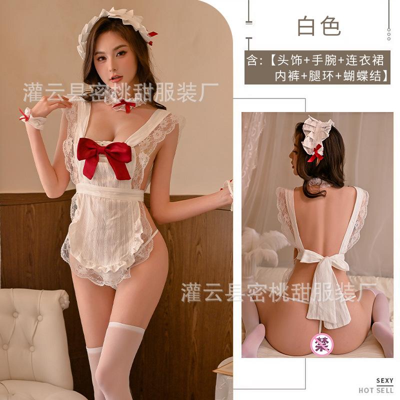 Sexy lingerie sexy bow lace-up little maid cosplay hot apron perspective home pajamas uniform