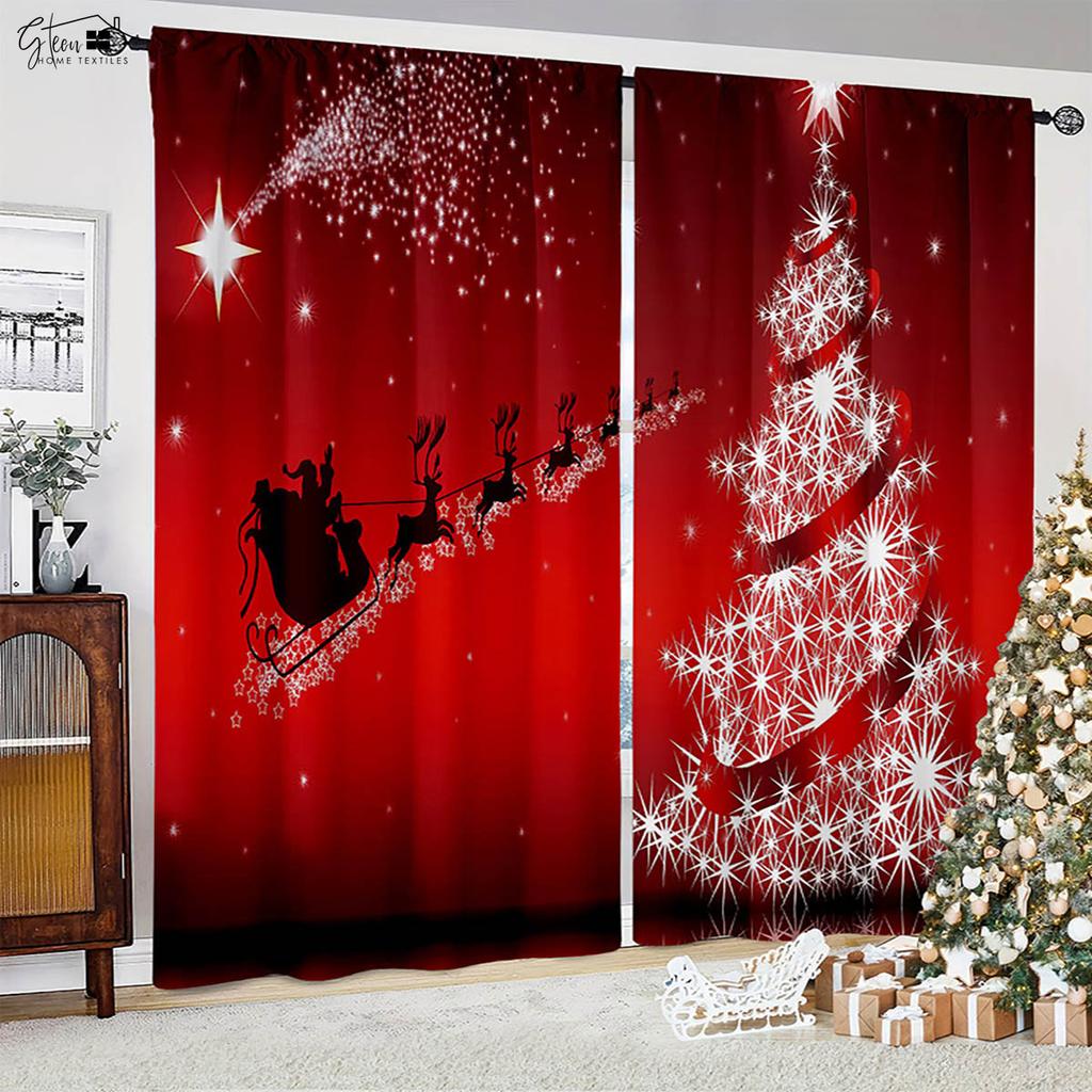 Christmas Decoration Curtains Christmas Tree Santa Claus Gift Snowman Living Room Children's Room New Year Holiday Curtains 2PCS