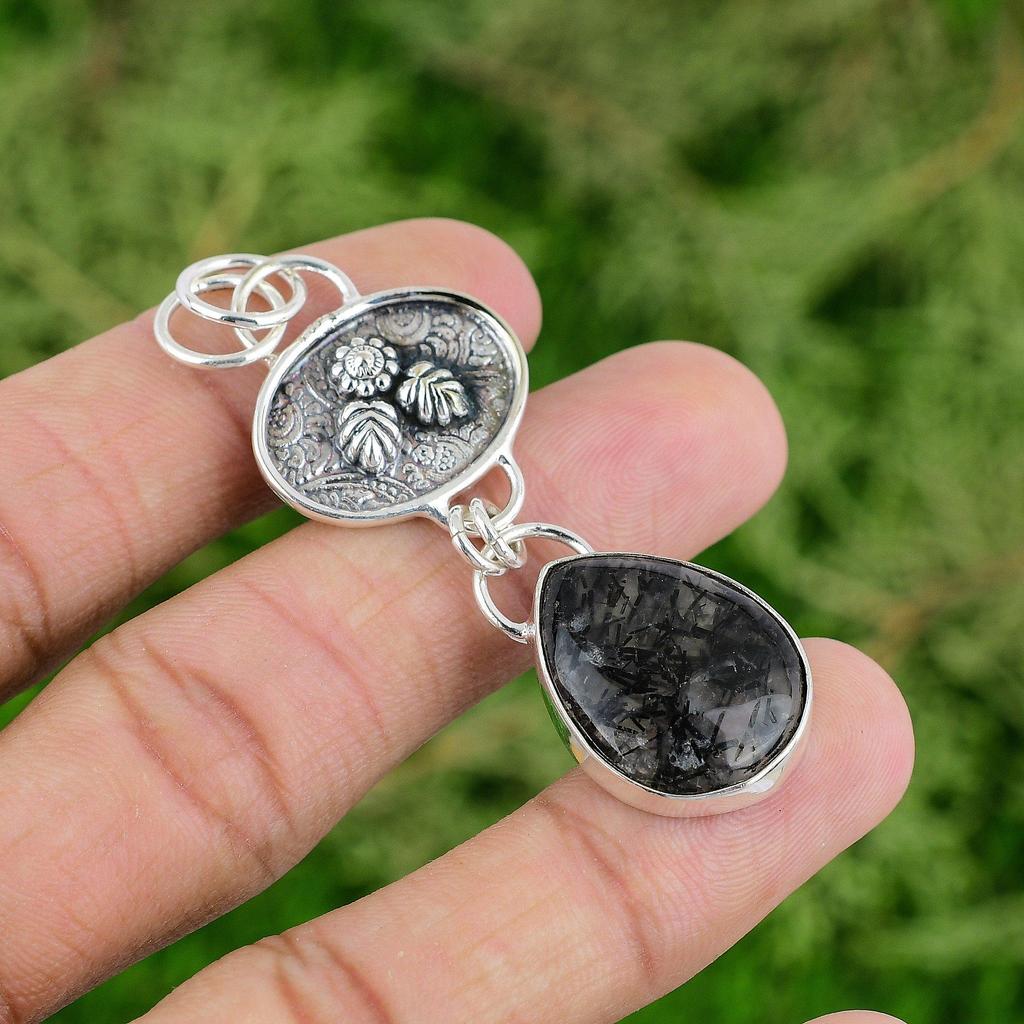 Sterling Silver Pear Black Rutilated Quartz Gemstone Wife Bezel Pendant Jewelry