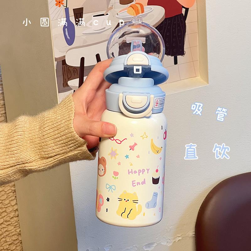 Thermos Cup Ins Wind New Girls High Value Straw Stainless Steel Large Capacity Portable Carrying Ring Student Water Cup