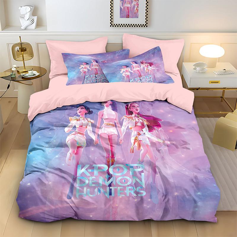K-Pop Bedding Set Demon Hunters Themed Pink Or Black Other Side Print Polyester Student Dormitory Duvet Cover Boys Girls Gift