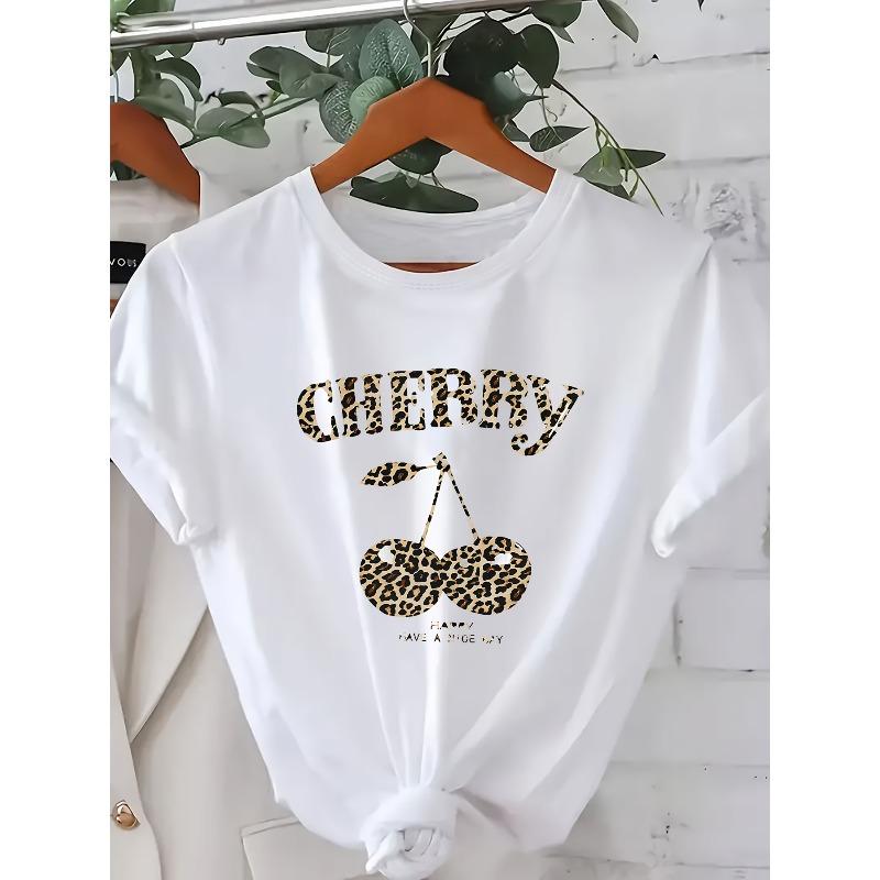 

European sizes Leopard Print, Casual Crew Neck, Medium Stretch Fabric, Fashion Top with Applique Detail, Autumn Casual Wear 4XL білий