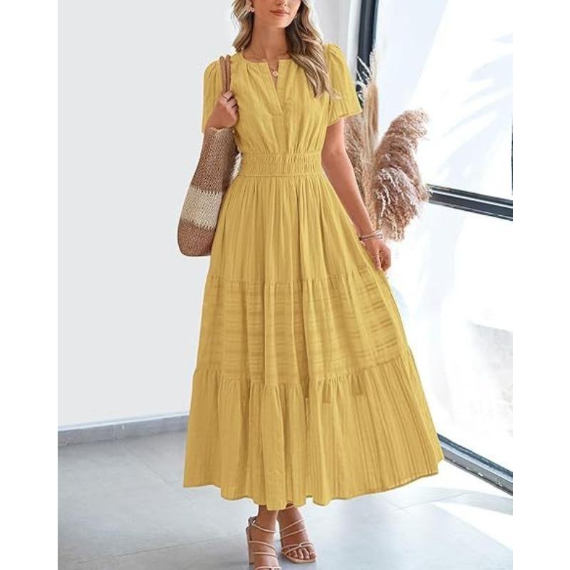 DAFIFY Women's Fashion Summer Spring Solid Color Print Short Sleeve O-Neck High Waist Casual Dresses