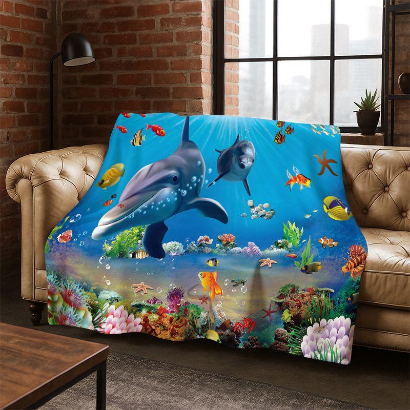 Underwater Sea World Marine Life Cartoon Flannel Blanket Soft Throw Blanket for Bedroom Living Room Bed Travel Camping Picnic