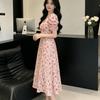 Summer sweet wind bubble sleeves V-neck floral dress women's high waist slim and thin A-shaped long skirt wholesale