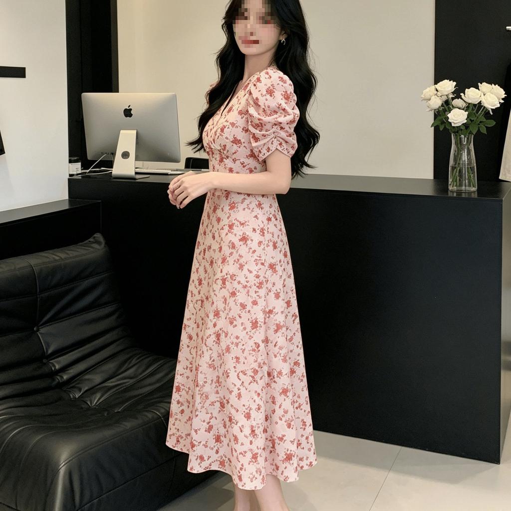 Summer sweet wind bubble sleeves V-neck floral dress women's high waist slim and thin A-shaped long skirt wholesale