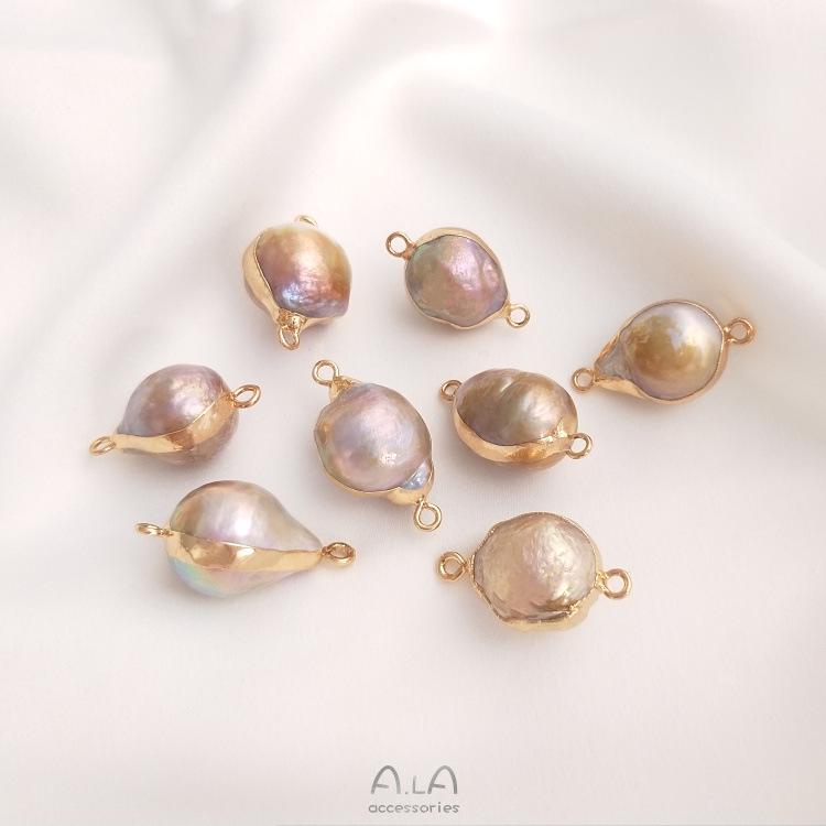 Natural Baroque Irregular Pearl Double Hole Rice Bead Flat Round Pendant for Handmade DIY Bezel Setting