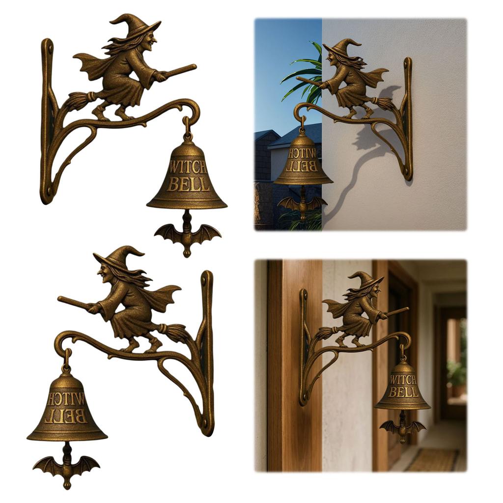 Vintage Witch Doorbell Multi-Purpose Halloween Witch Bells Wear Resist Broom-Riding Witch Bell for Front Doors Porch
