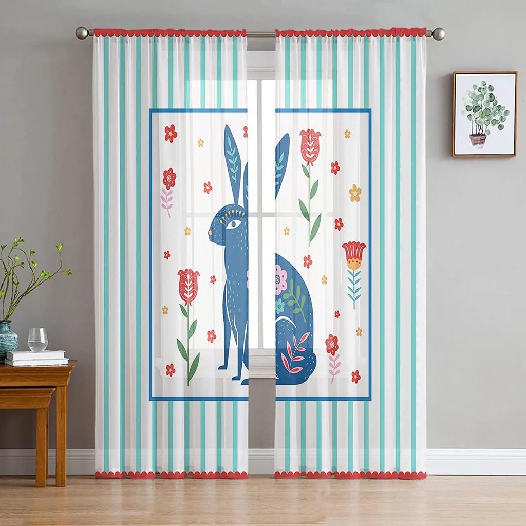 Sheer Easter Window Curtains Bedroom Living Room Egg Bunny Spring Flower Chiffon Voile Drapes Curtain Made Of Polyester Washable Sitting Ready