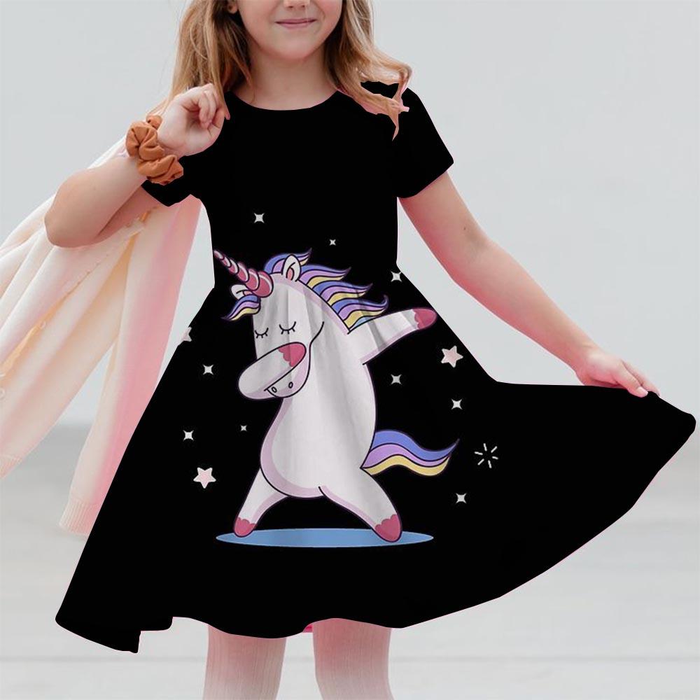 Robes d'été pour filles Licorne Enfants Robe à manches courtes Dessin animé Tout-petits Décontracté Robes droites Vêtements pour enfants 3-12 ans