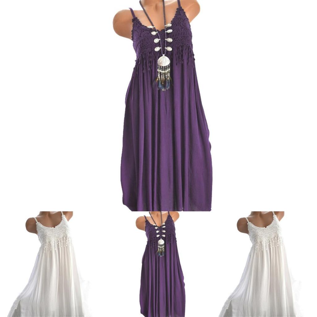 Elegante Vestido Maxi de Verano para Mujer con Cuello Redondo, Sin Mangas, Tipo Camiseta, con Detalle de Encaje
