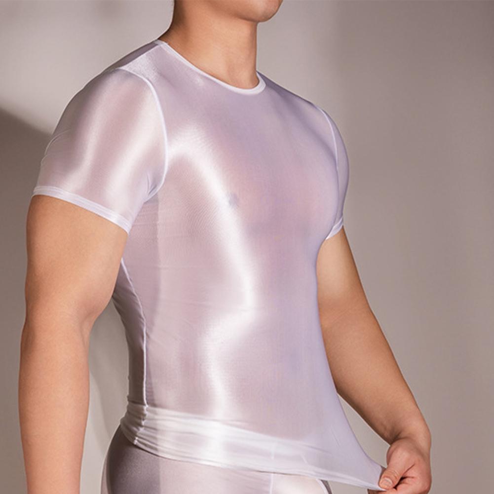 Comfortable Mens T-Shirt Male Nylon See Through Sheer Shiny