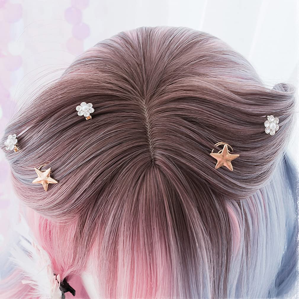Harajuku Style Lolita Wig, Long Curly Two-Tone Wig (Blue & Pink), Heat-Resistant Cosplay Wig for GAL, Gothic Lolita, Party, Daily Wear, 54cm