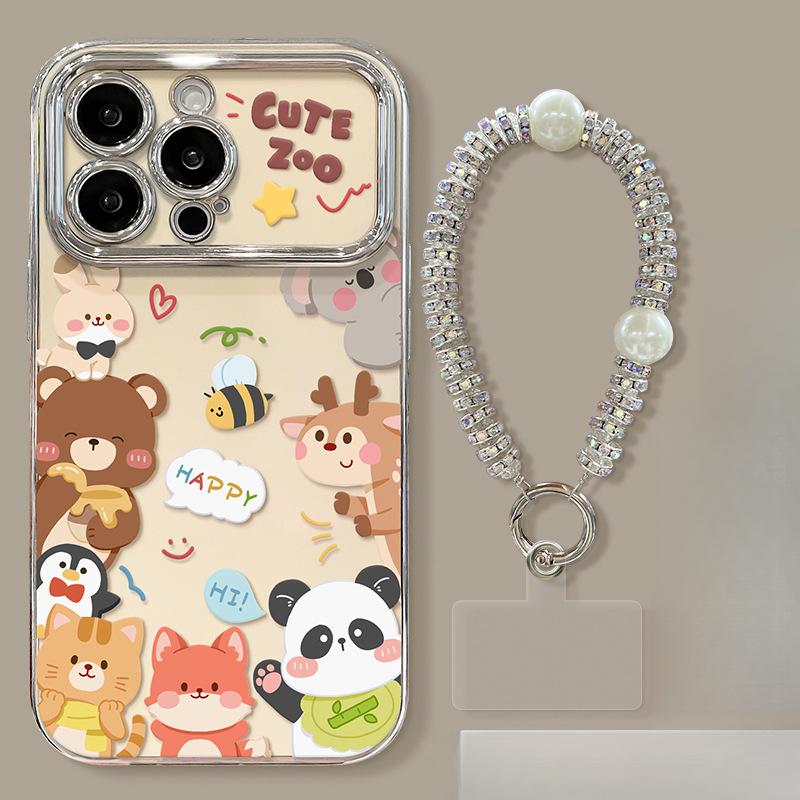 Cute Animal Bracket Bracelet Suitable for Iphone16 Apple 15 Mobile Phone Case 14 Electroplated Large Window 13 Silicone Women