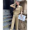 Womens Knit Polo Top Wide-Leg Pants Set 2025 Loose Fit Slimming Casual Outfit In Black Gray Camel