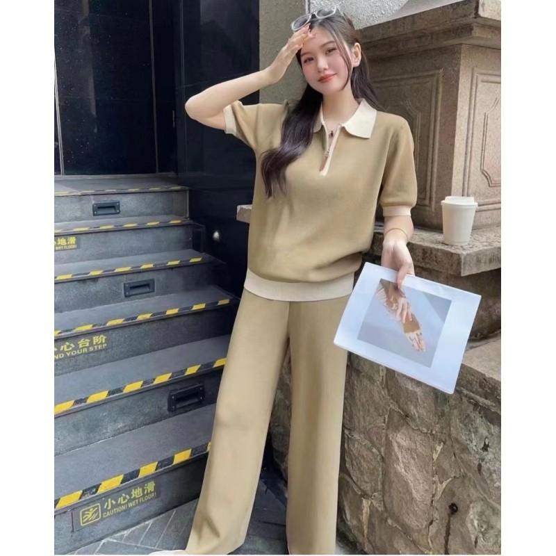 Womens Knit Polo Top Wide-Leg Pants Set 2025 Loose Fit Slimming Casual Outfit In Black Gray Camel