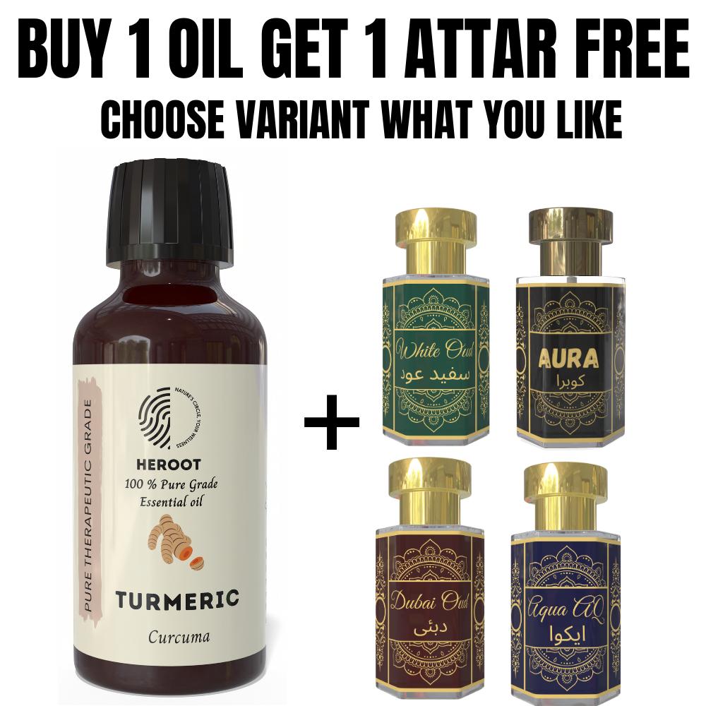 Turmeric Essential Oil 10ml for Aromatherapy & Home Fragrance Get 1 Free 6 Ml Attar – Aqua AQ, Dubai Oud, Aura, White Oud