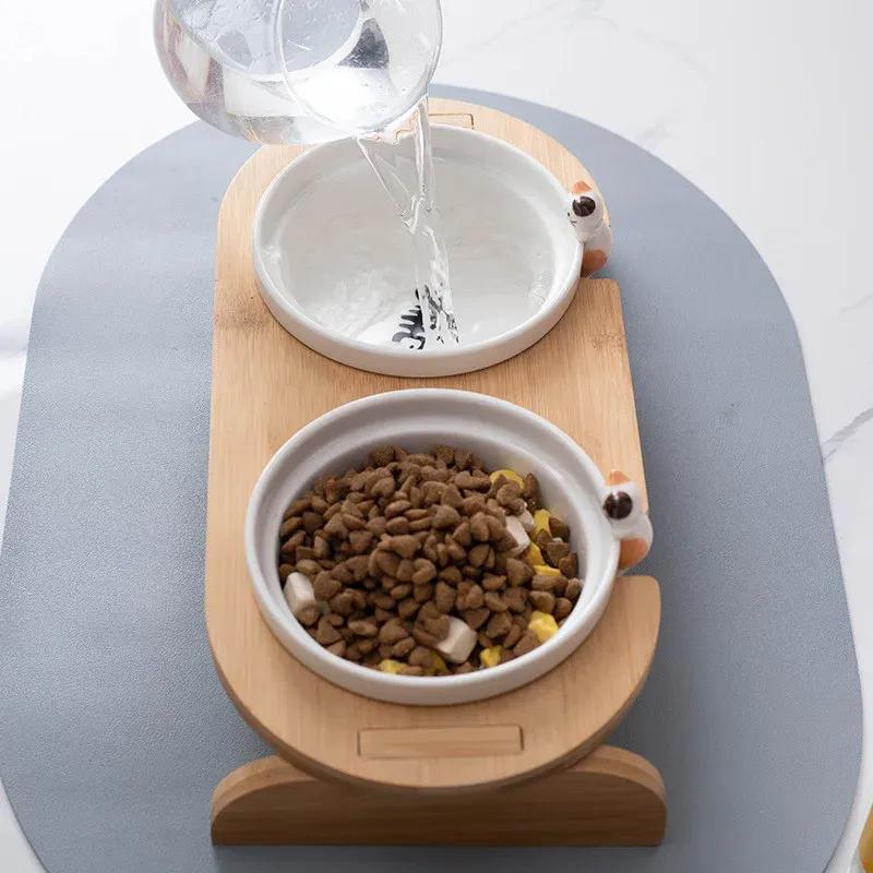 Cartoon Pets Double Bowl Dog Cat Food Water Feeder Stand Raised Ceramic Dish Bowl Wooden Table Pet Supplies Cat Bowls