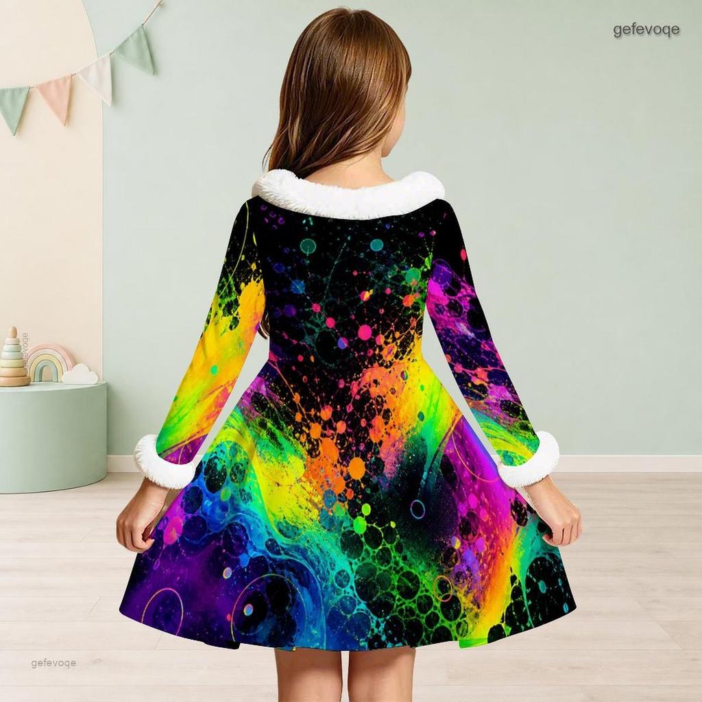 Girls Furry Trim Long Sleeve Printed A Line Flared Dress