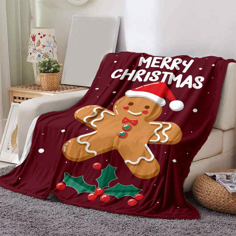 1pc Christmas Gingerbread Man Printing Lightweight Flannel Blanket, Comfortable and Warm Blanket, for Camping Sofa Bed and Couch Office, Gift