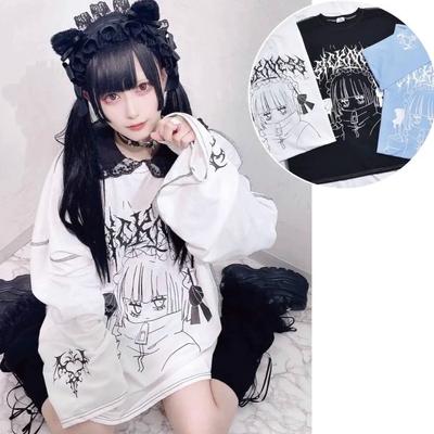 Didelio dydžio Harajuku Kawaii marškinėliai Mieli japoniški gotikiniai Goth laisvi marškinėliai su rašmenimis Mokinio mokykliniai marškinėliai Ilgomis rankovėmis viršus Pavasaris