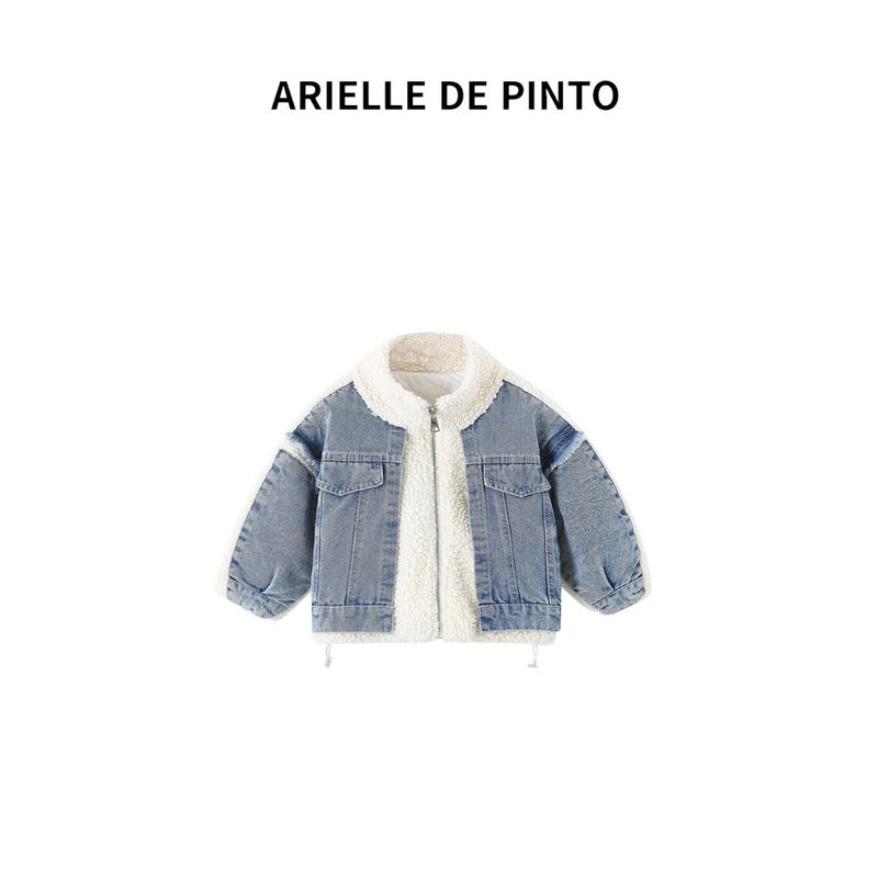 French Arielle De Pinto Kidsren's Winter Jacket, Fashionable and Stylish Denim and Fur Cotton Coat for Babies