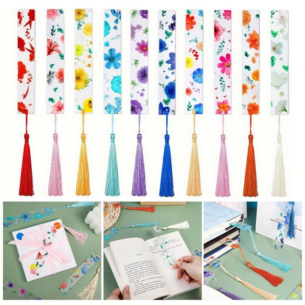 10Pcs/Set Transparent Floral Acrylic Bookmark With Tassels Reading Book Clip  Study/Library