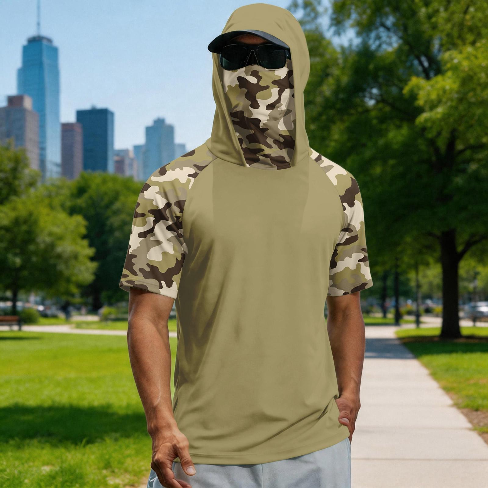 

Men s Hooded Short Sleeve T Shirt with Built In Face Covering Lightweight Raglan Sleeve Outdoor Top for Sports Activities S