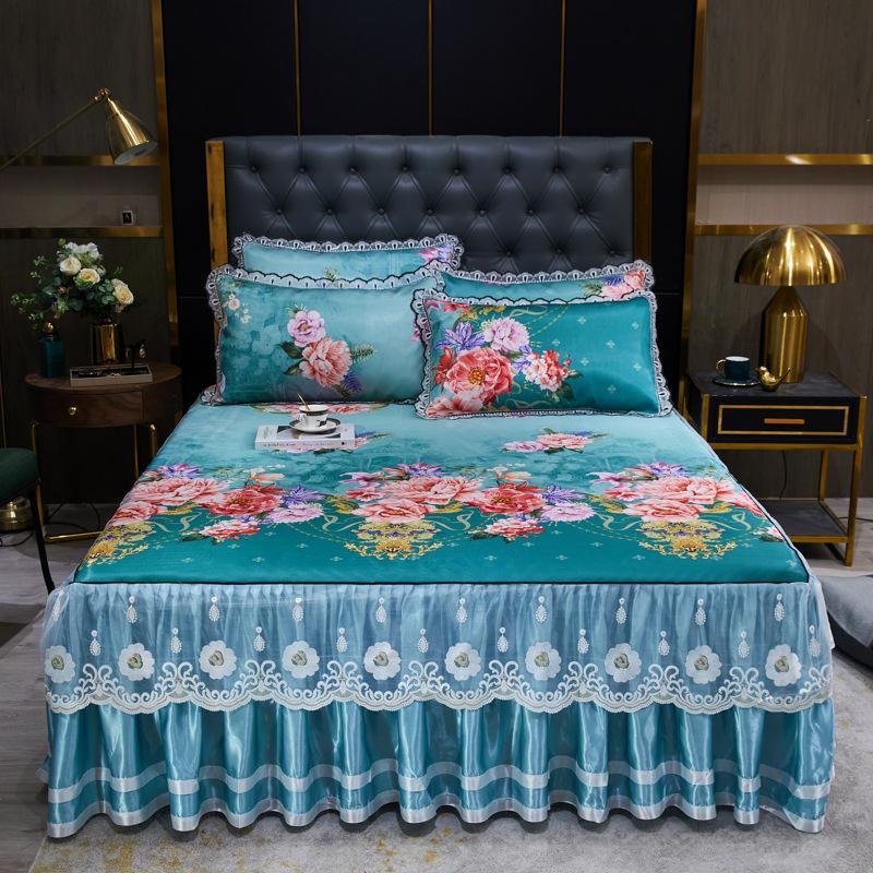 Blondertilpasset laken Luksus sengetøysett Romantisk ismatte sammenleggbare broderte laken Lin Sengetøy Queen Sengeteppe med skjørt