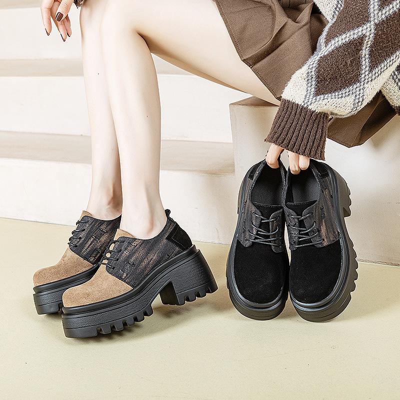 Korean Version of Derby Shoes Women's Shoes Spring 2025 New Round Head Platform Casual Shoes Women's High Heel Increased by 8.5 Cm