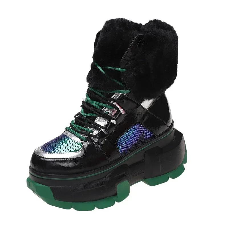 

Winter Women s Snow Boots Ankle Boots with Fur Warm High Boots Outdoor Plush Shoes New Anti-skid Chunky Leather Sneakers 34 чёрный