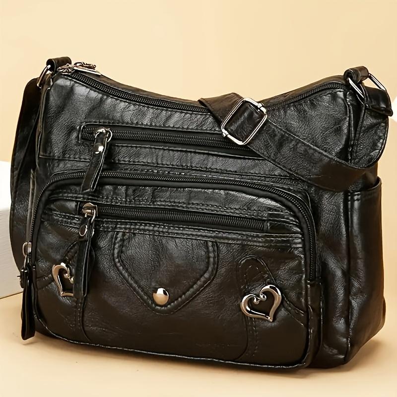 With Adjustable Shoulder Strap, Multiple Zippered Heart Cut-Out Design - Solid Color Handbag For Work, Shopping, Daily Use