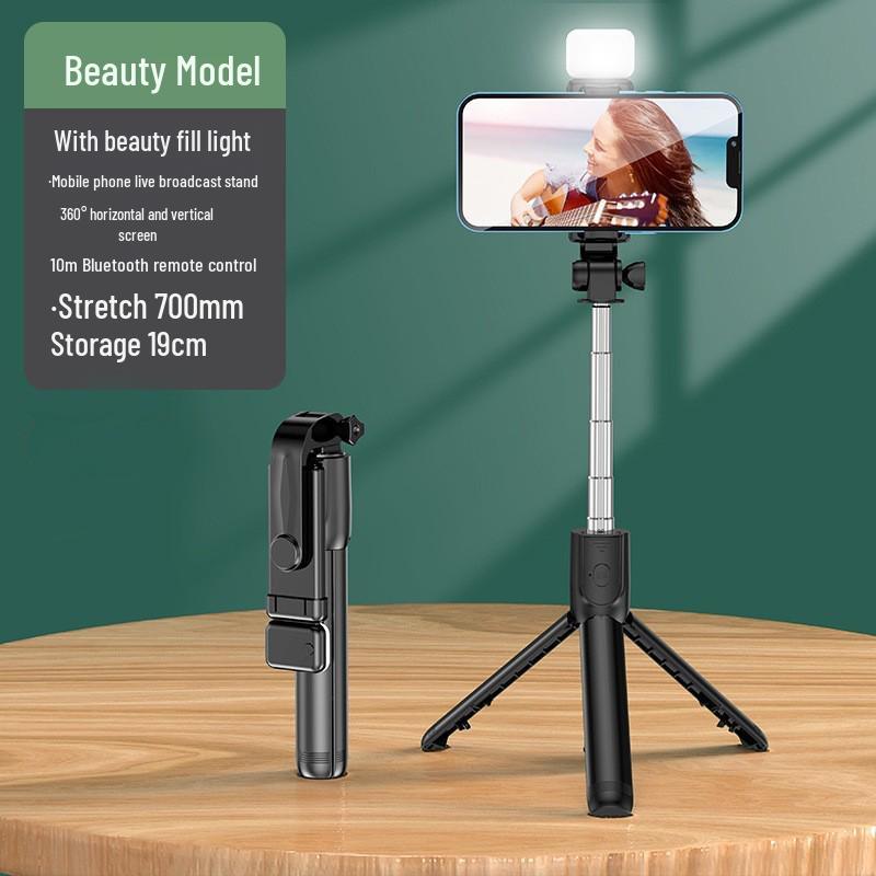 Bluetooth Selfie Stick with Umbrella-Style Tripod, Detachable Beauty Light, and Handheld Convenience