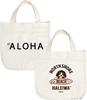 [Emplet Veil] Mini Bolsa Tote Havaiana Simples com Logo ALOHA, 24cm de Largura x 22cm de Altura x 13.5cm de Profundidade, Design SURF DOG, Dupla Face, Marfim, 100% Algodão,