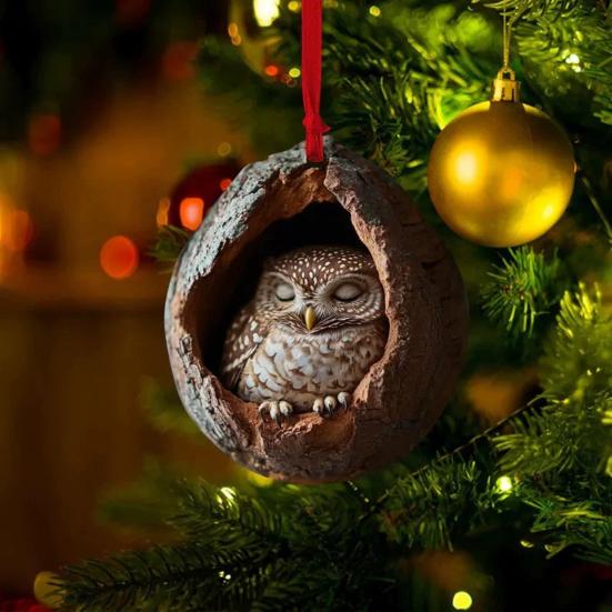 Owl Raccoon Christmas Ornament 2D Printed Acrylic Hanging Decor for Tree Festive Animal Tree Pendant