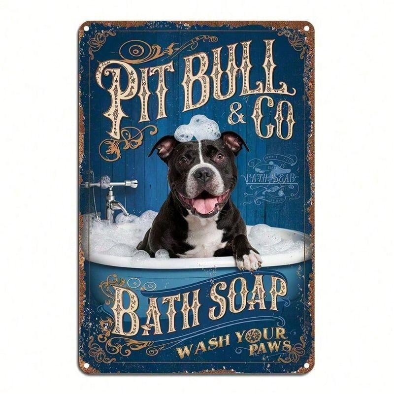 Metallic Wall Poster Pitbull Bath Retro 8x12 Inch Dog Owner Gift