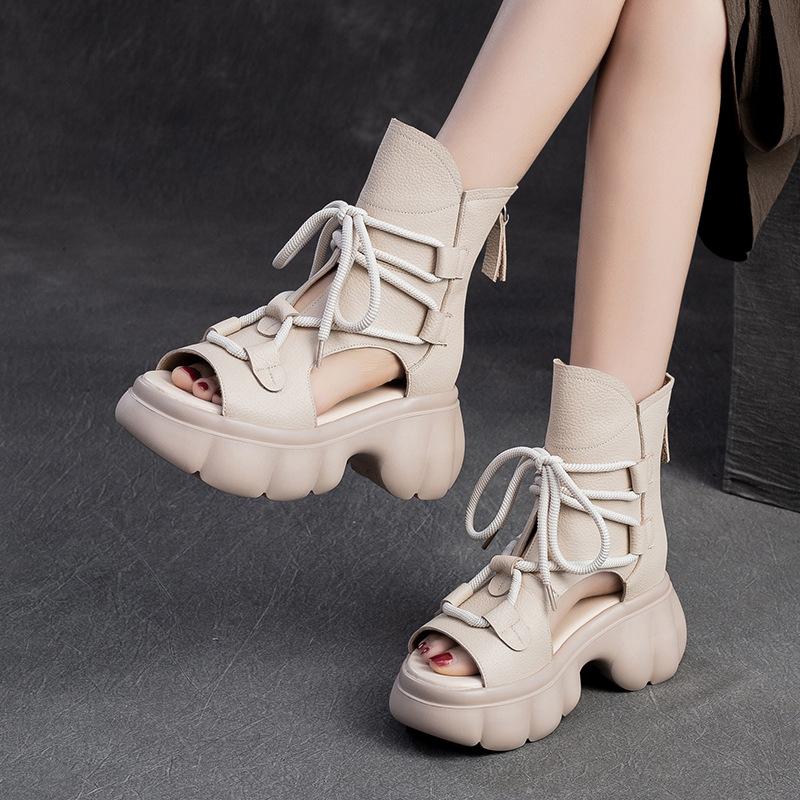 GKTINOO 2025 Spring/Summer New Genuine Leather Thick Soled Peep Toe Roman Sandals Retro Versatile Handmade Women's Shoes